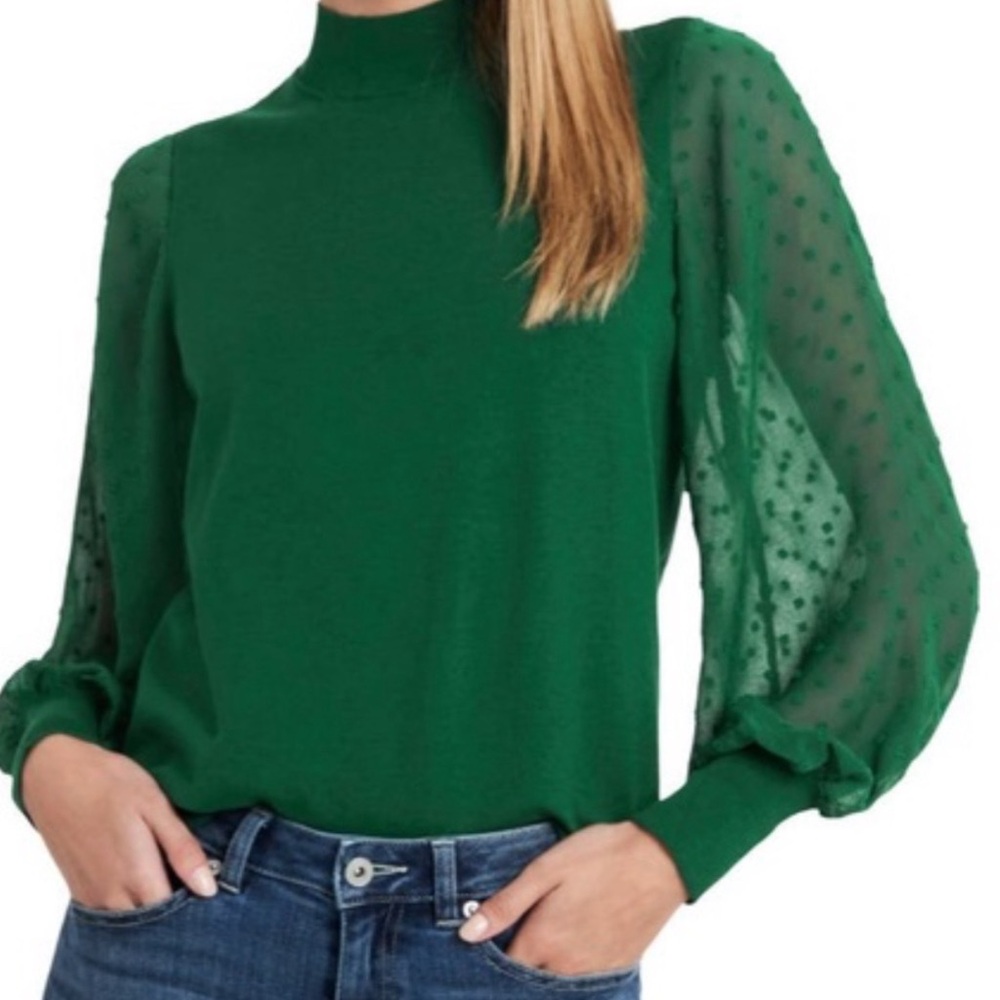 CeCe Sweater Women’s Green Pullover Mock Neck Clip Dot Sheer Sleeve M NWT